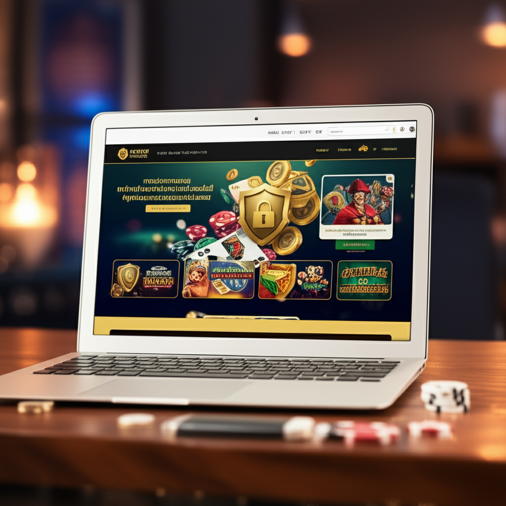 ภาพประกอบแสดงหน้าจอเว็บไซต์คาสิโนออนไลน์ที่ดูทันสมัยและปลอดภัย พร้อมไอคอนการเงินและโล่ความปลอดภัย