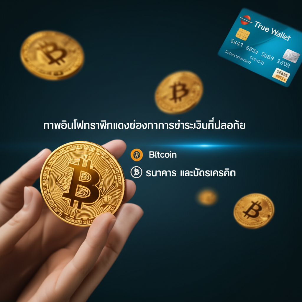 ภาพอินโฟกราฟิกแสดงช่องทางการชำระเงินที่ปลอดภัย เช่น True Wallet, Bitcoin, ธนาคาร และบัตรเครดิต