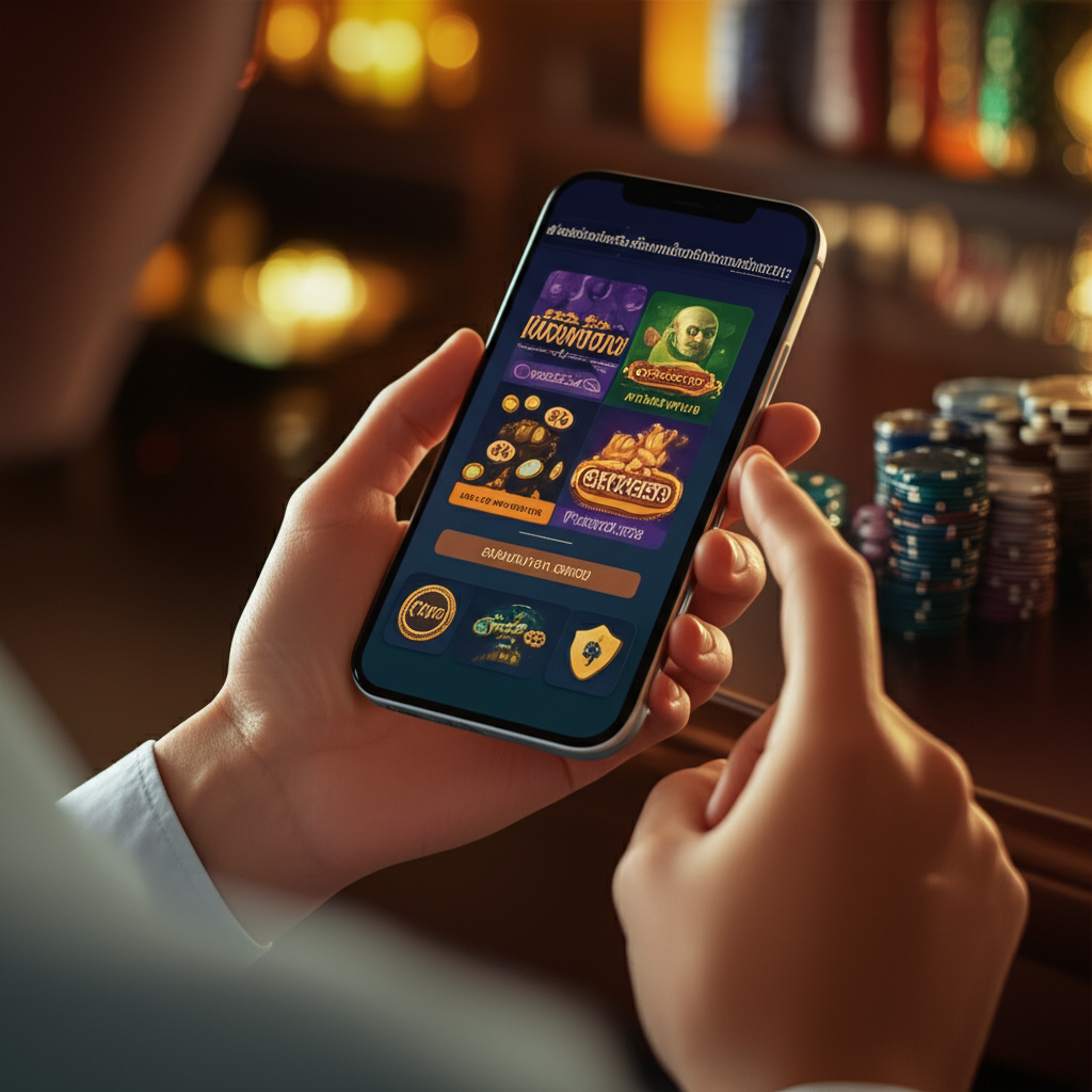 ผู้เล่นกำลังเลือกเว็บคาสิโนออนไลน์บนหน้าจอมือถืออย่างระมัดระวัง พร้อมเห็นสัญลักษณ์ความปลอดภัยต่างๆ