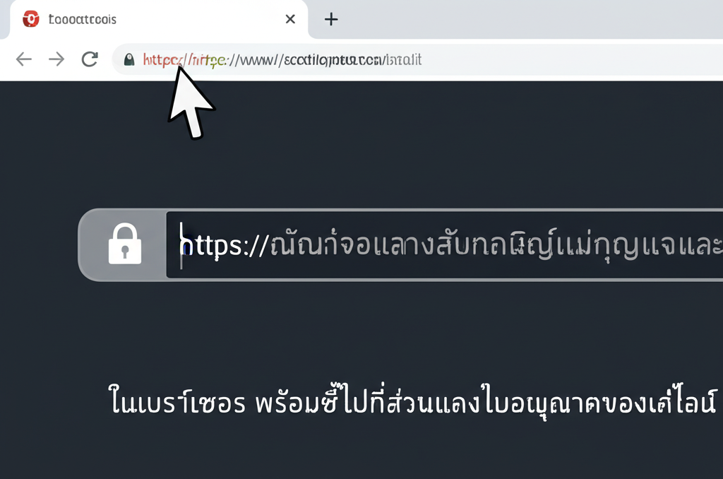 ภาพหน้าจอแสดงสัญลักษณ์แม่กุญแจและ https:// ในเบราว์เซอร์ พร้อมชี้ไปที่ส่วนแสดงใบอนุญาตของเว็บไซต์