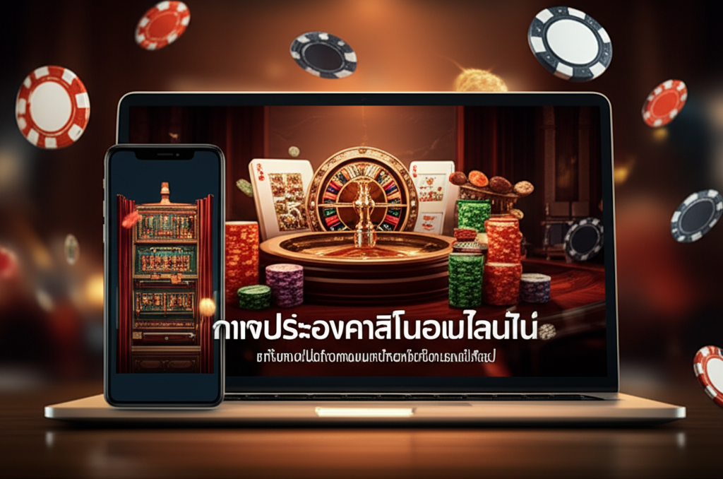 ภาพประกอบคาสิโนออนไลน์ที่ทันสมัยและปลอดภัยบนหน้าจอมือถือและแล็ปท็อป
