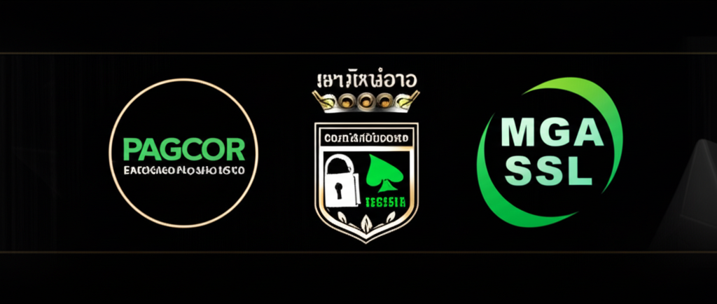 ภาพแสดงสัญลักษณ์ใบอนุญาตจากหน่วยงานต่างๆ เช่น PAGCOR, Curacao, MGA และไอคอนล็อคความปลอดภัย SSL