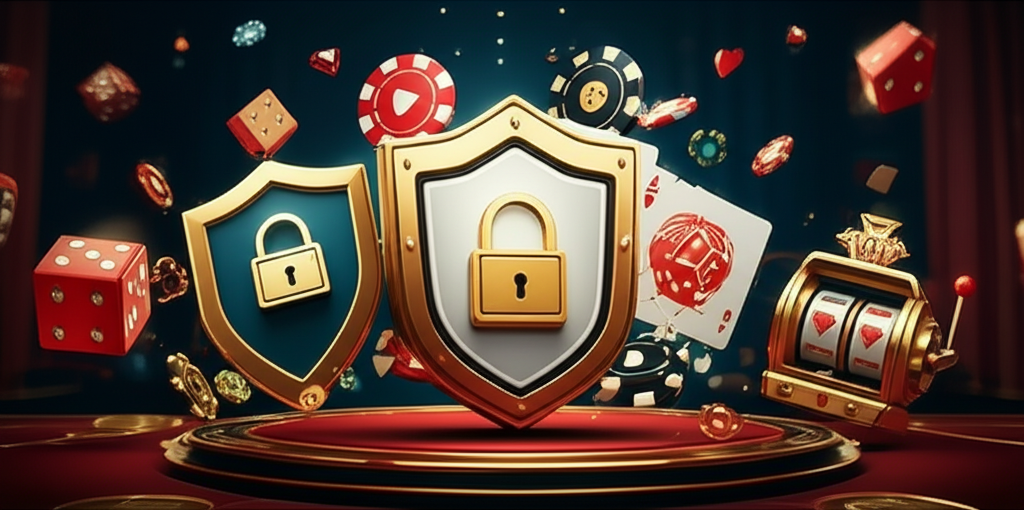 ภาพประกอบบทความคู่มือเลือกเว็บคาสิโนออนไลน์ที่ปลอดภัยและน่าเชื่อถือในปี 2025 แสดงสัญลักษณ์ความปลอดภัยและความหลากหลายของเกม