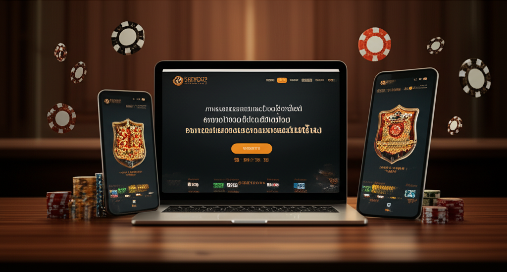 ภาพประกอบแสดงหน้าจอเว็บไซต์คาสิโนออนไลน์ที่ดูปลอดภัยและน่าเชื่อถือบนอุปกรณ์ต่างๆ พร้อมสัญลักษณ์ความปลอดภัยและโลโก้การชำระเงินยอดนิยม