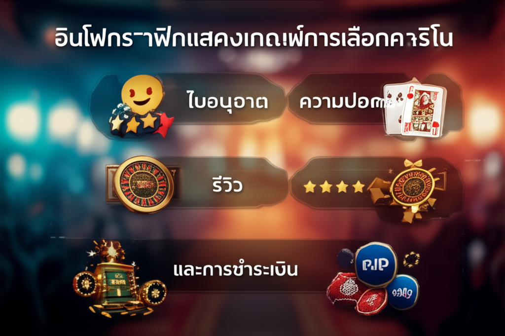 อินโฟกราฟิกแสดงเกณฑ์การเลือกคาสิโน เช่น ใบอนุญาต, ความปลอดภัย, รีวิว, และการชำระเงิน