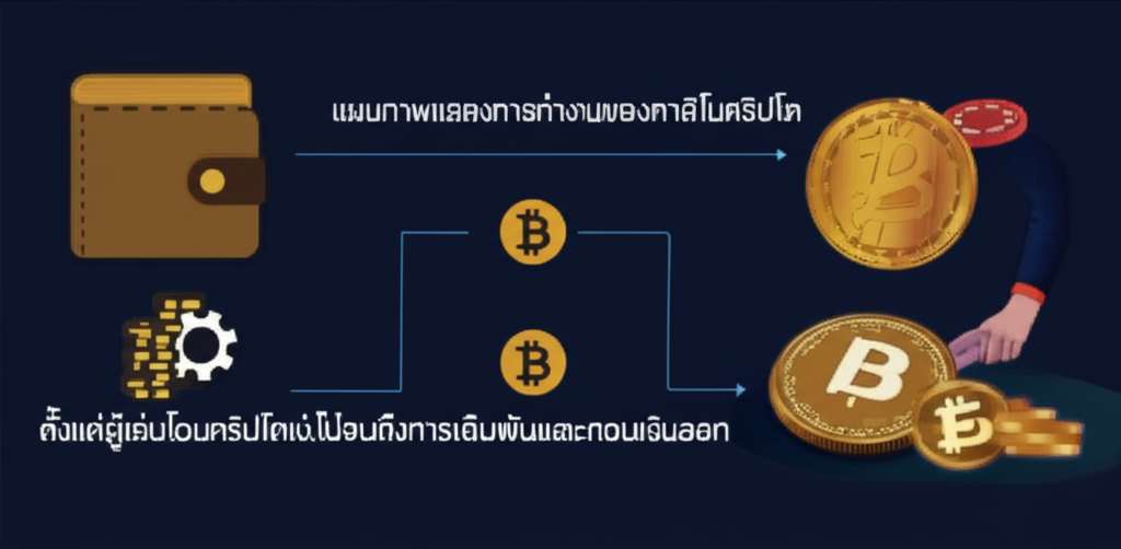 แผนภาพแสดงการทำงานของคาสิโนคริปโต ตั้งแต่ผู้เล่นโอนคริปโตเข้าไปจนถึงการเดิมพันและถอนเงินออก