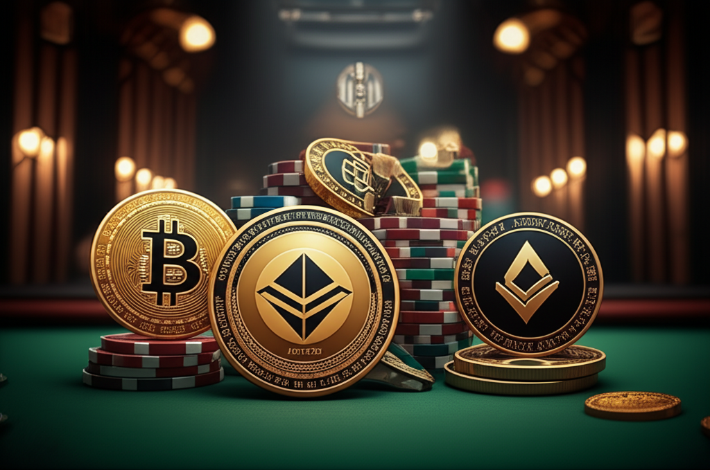 ภาพประกอบธีมคาสิโนคริปโตที่ทันสมัย แสดงสัญลักษณ์บล็อกเชนและเหรียญคริปโตเคอร์เรนซีบนโต๊ะเกมเสมือนจริง