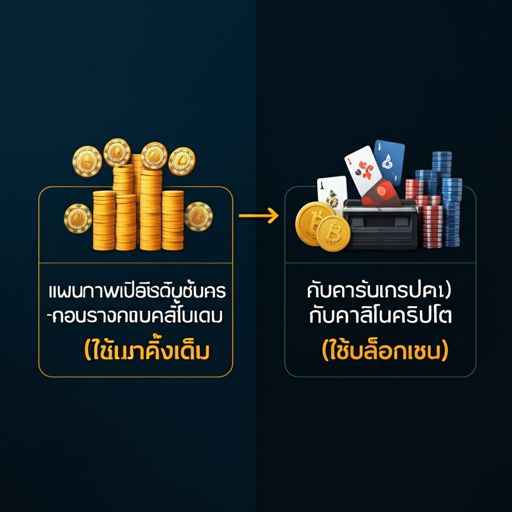 แผนภาพเปรียบเทียบขั้นตอนการฝาก-ถอนระหว่างคาสิโนแบบดั้งเดิม (ใช้ธนาคาร) กับคาสิโนคริปโต (ใช้บล็อกเชน)