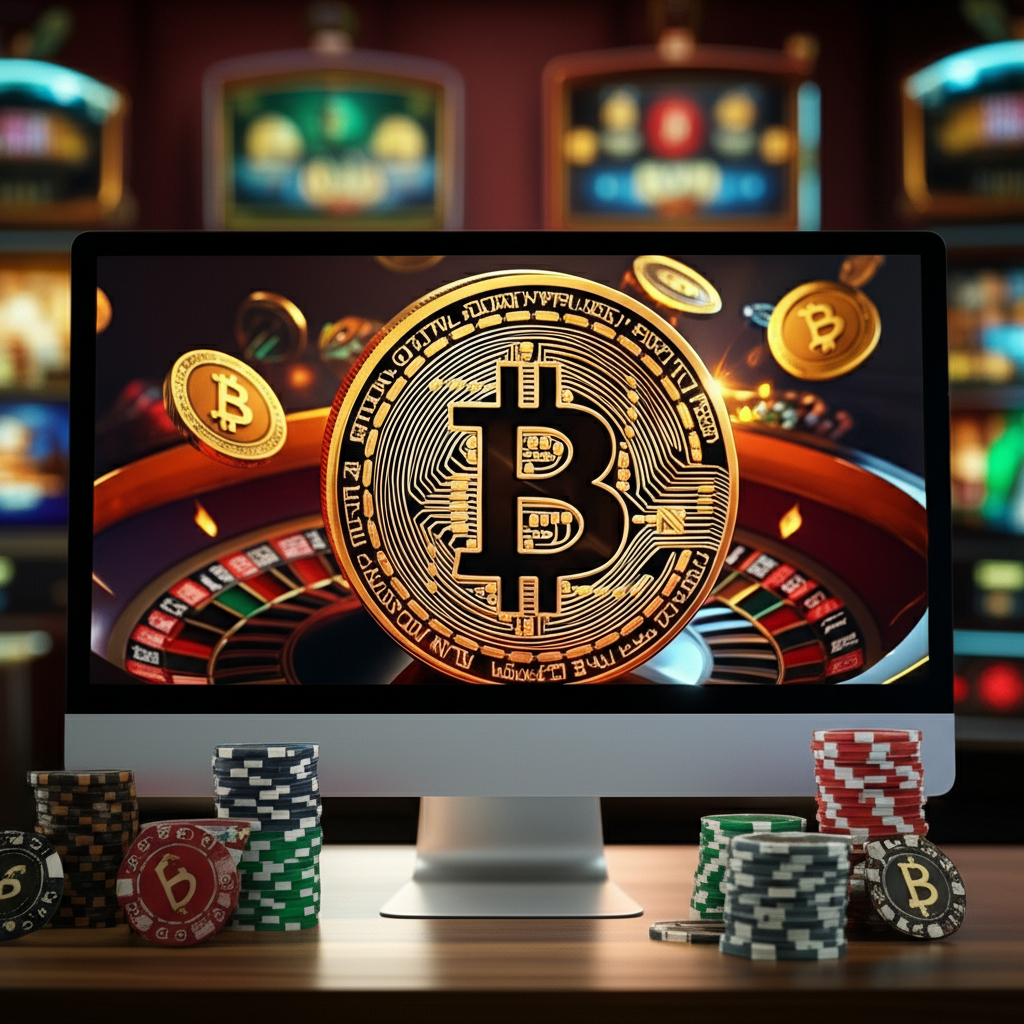 ภาพประกอบคาสิโนคริปโตที่แสดงสัญลักษณ์ของ Bitcoin และเกมคาสิโนคลาสสิกบนหน้าจอคอมพิวเตอร์