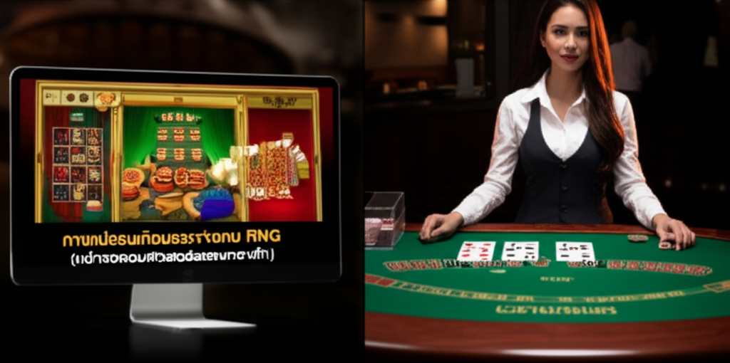 ภาพเปรียบเทียบระหว่างเกม RNG (หน้าจอคอมพิวเตอร์แสดงกราฟิก) และเกมคาสิโนสด (หน้าจอแสดงดีลเลอร์และโต๊ะจริง)