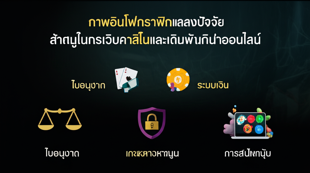 ภาพอินโฟกราฟิกแสดงปัจจัยสำคัญในการเลือกเว็บคาสิโนและเดิมพันกีฬาออนไลน์ ได้แก่ ใบอนุญาต, ระบบเงิน, เกมหลากหลาย, และการสนับสนุน