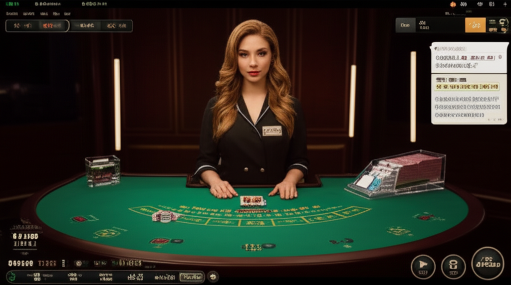 ภาพหน้าจอคาสิโนสดที่แสดงดีลเลอร์กำลังแจกไพ่ในเกมบาคาร่า พร้อมข้อมูลการเดิมพันและแชทสด