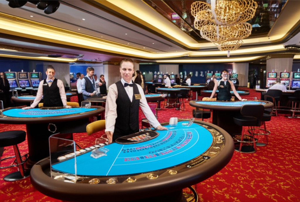 ภาพบรรยากาศคาสิโนสดที่มีดีลเลอร์และโต๊ะเกมต่างๆ ให้เลือกมากมาย