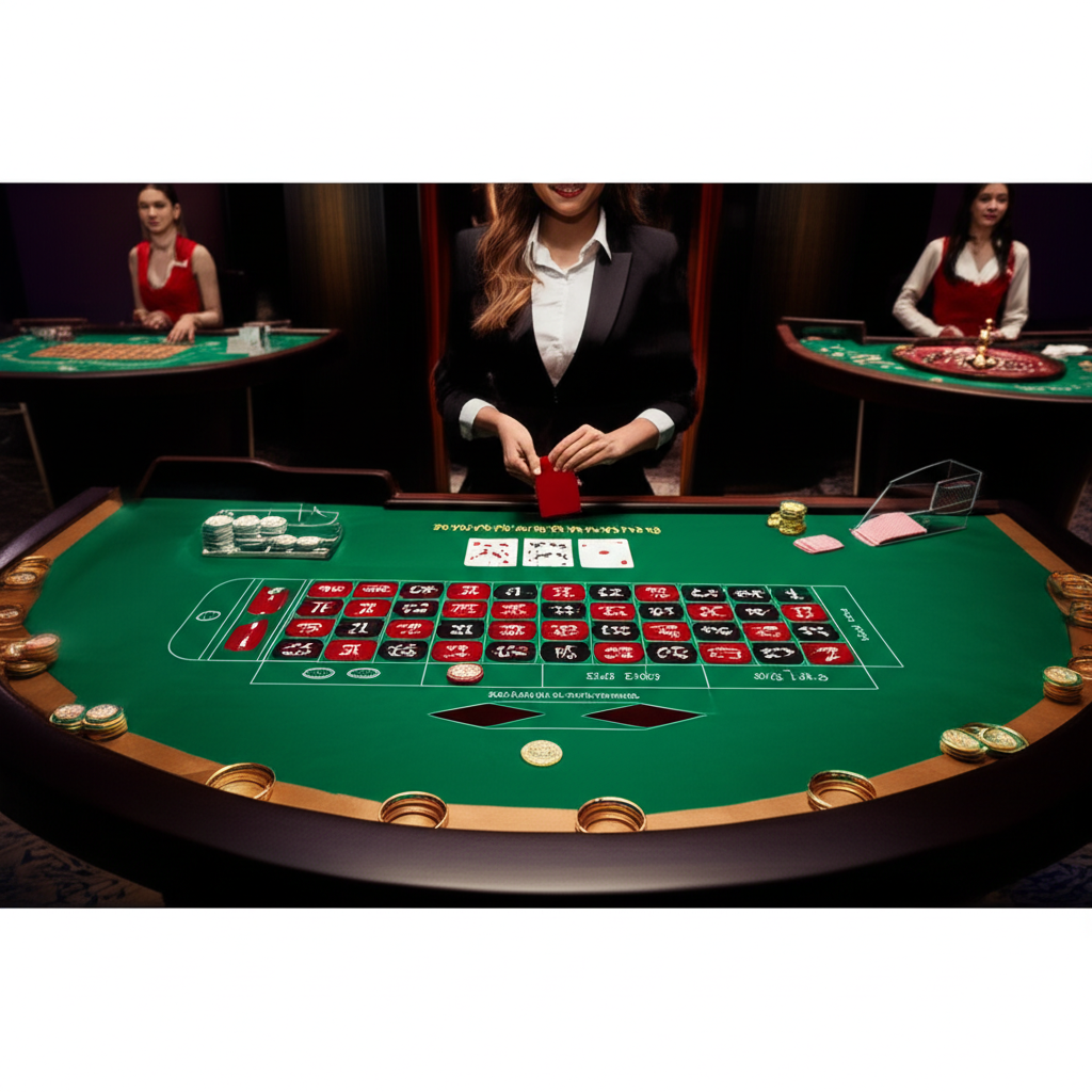 ภาพเปรียบเทียบโต๊ะบาคาร่าสดและรูเล็ตสดที่แสดงให้เห็นความแตกต่างของรูปแบบการเล่น