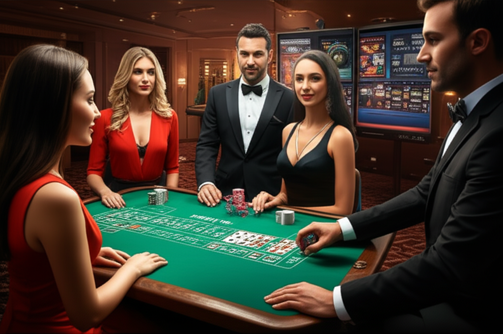 ภาพประกอบแสดงความแตกต่างระหว่างคาสิโนสดที่มีดีลเลอร์จริงและเกมคาสิโนอัตโนมัติที่มีอินเทอร์เฟซดิจิทัล