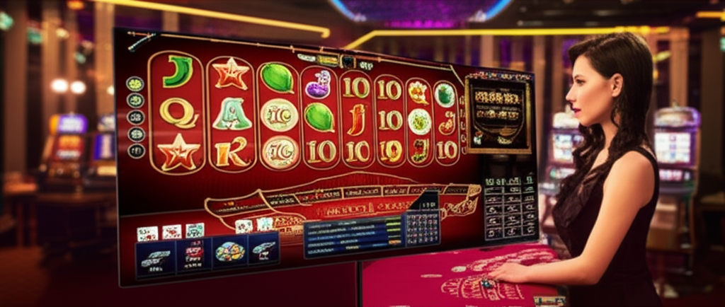 ภาพหน้าจอเปรียบเทียบระหว่างโต๊ะคาสิโนสดที่กำลังเล่นและเกมสล็อตออนไลน์ที่เต็มไปด้วยกราฟิกสีสันสดใส