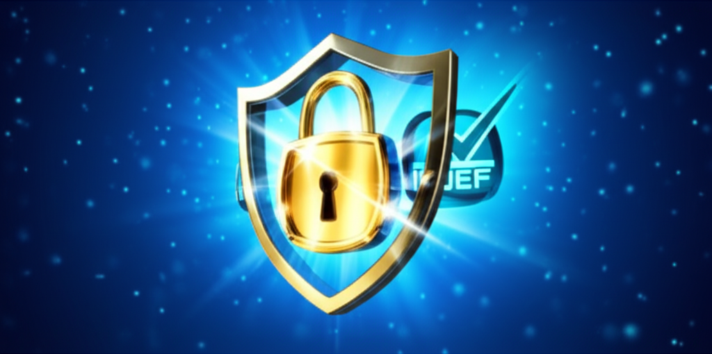 ภาพประกอบแสดงสัญลักษณ์ของความปลอดภัยและความน่าเชื่อถือในโลกออนไลน์ เช่น กุญแจ โล่ห์ และเครื่องหมายอนุมัติ บนพื้นหลังสีฟ้าเข้ม