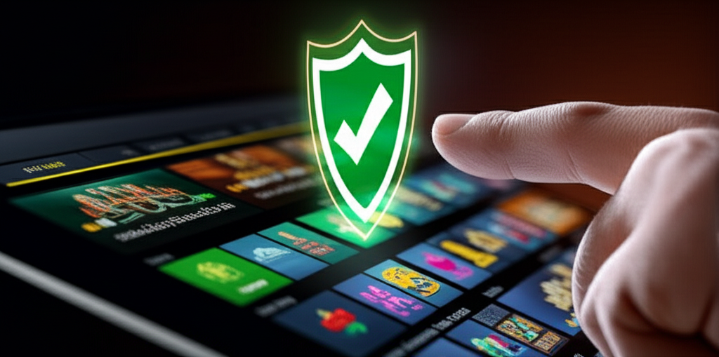 ภาพประกอบการเลือกเว็บคาสิโนออนไลน์ที่น่าเชื่อถือ แสดงสัญลักษณ์ความปลอดภัยและการตรวจสอบ