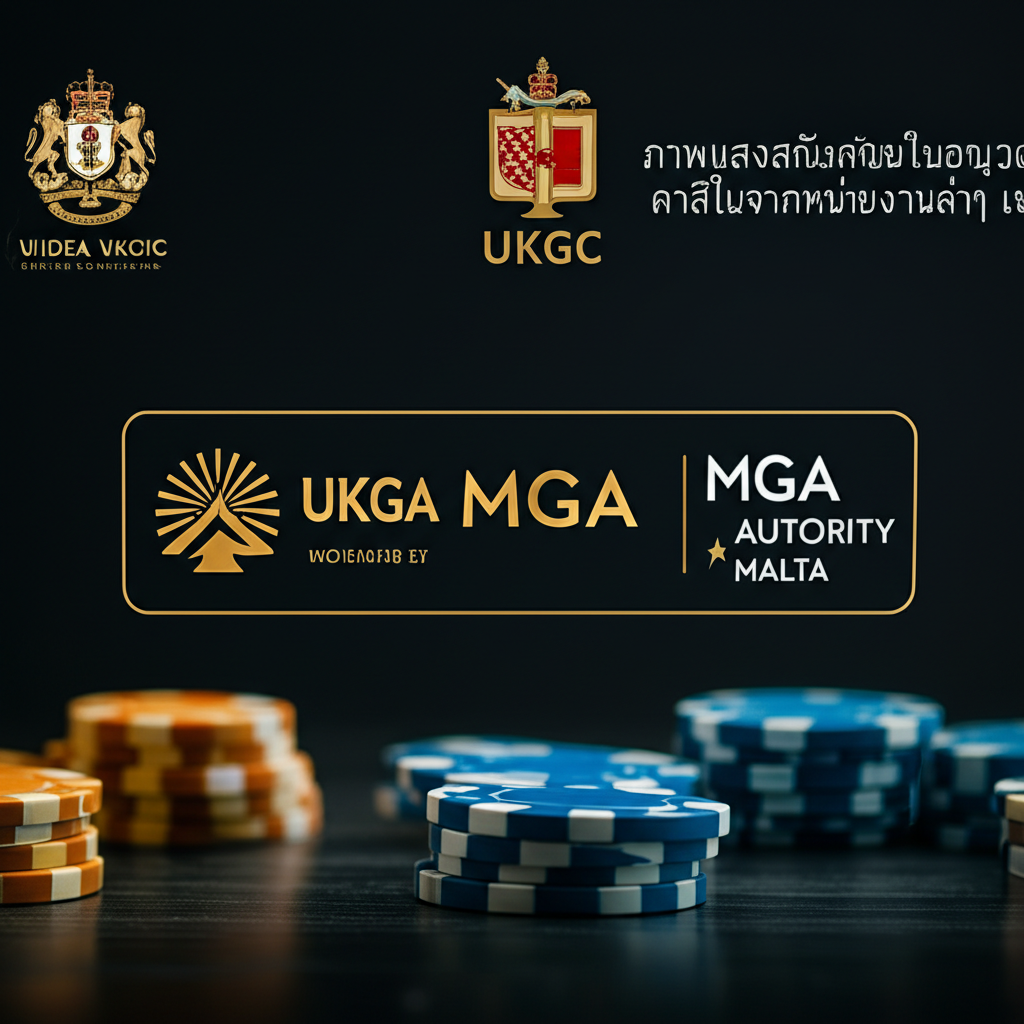ภาพแสดงสัญลักษณ์ใบอนุญาตคาสิโนจากหน่วยงานต่างๆ เช่น UKGC, MGA
