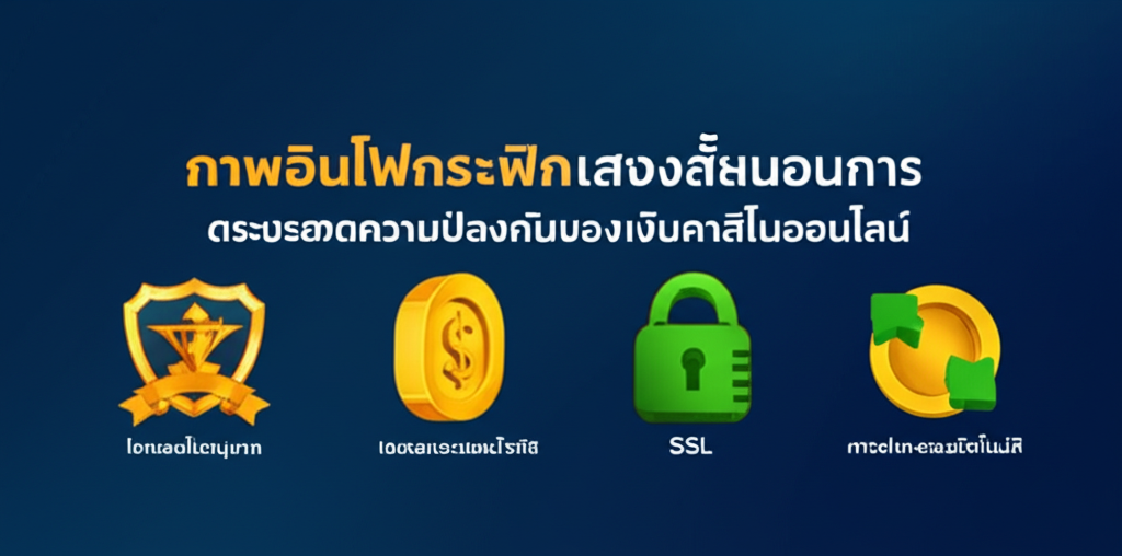 ภาพอินโฟกราฟิกแสดงขั้นตอนการตรวจสอบความปลอดภัยของเว็บคาสิโนออนไลน์ ประกอบด้วย ไอคอนใบอนุญาต, ไอคอนระบบเข้ารหัส SSL, และไอคอนการฝาก-ถอนอัตโนมัติ