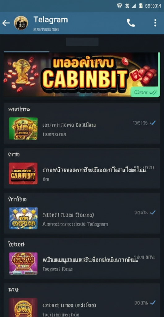 ภาพหน้าจอแสดงการโต้ตอบกับบอทคาสิโนภายในแอป Telegram พร้อมเมนูเกมและตัวเลือกฝากเงิน