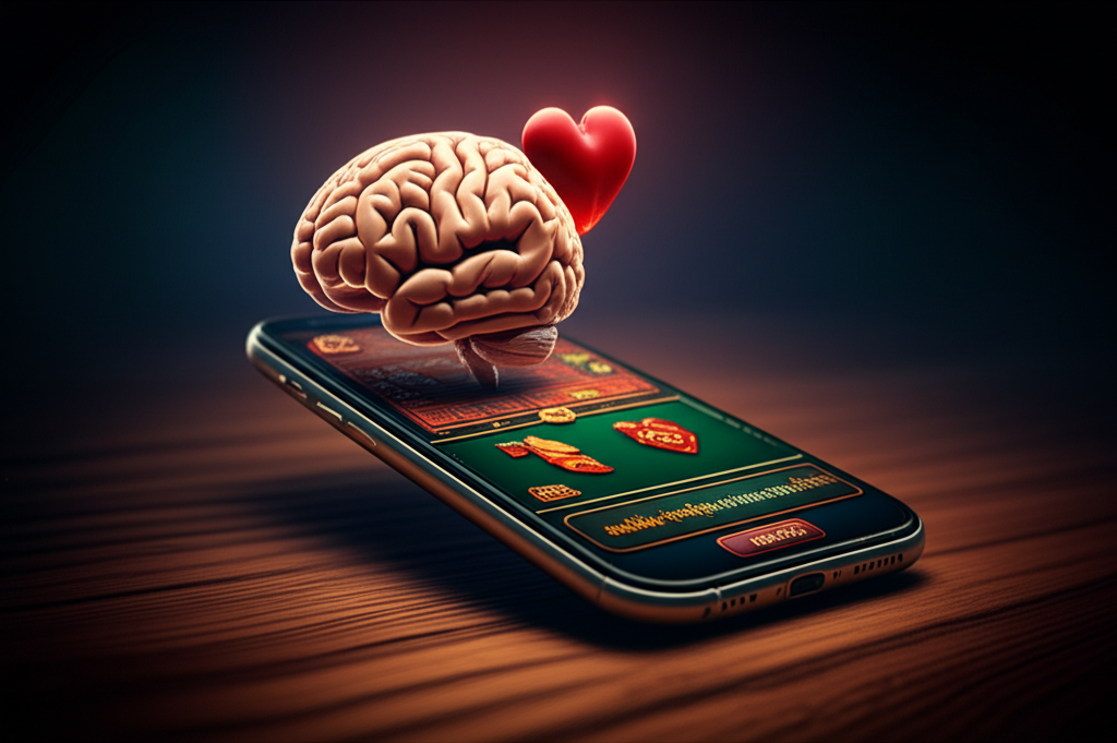 มือถือแสดงเกมคาสิโนออนไลน์อยู่ข้างๆ สัญลักษณ์สมองและหัวใจ เพื่อสื่อถึงการควบคุมอารมณ์และความคิดในการเล่น