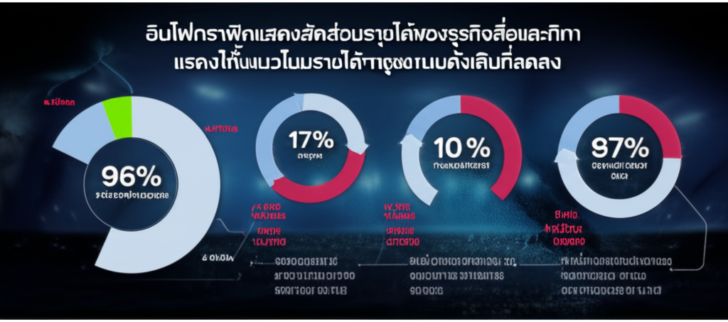 อินโฟกราฟิกแสดงสัดส่วนรายได้ของธุรกิจสื่อและกีฬา แสดงให้เห็นแนวโน้มรายได้จากโฆษณาแบบดั้งเดิมที่ลดลง