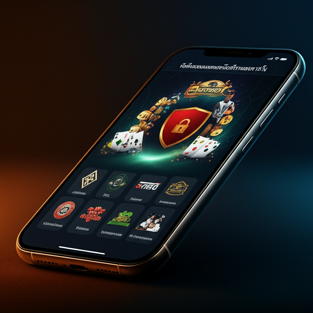 มือถือแสดงแอพพลิเคชันกีฬาและคาสิโน พร้อมไอคอนแสดงความปลอดภัย เช่น รูปแม่กุญแจและโลโก้หน่วยงานกำกับดูแล