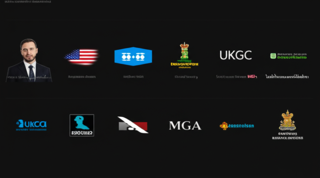 ตัวอย่างหน้าจอแสดงโลโก้ใบอนุญาตจากหน่วยงานต่างๆ เช่น UKGC, MGA ในส่วนท้ายของแอพพลิเคชัน