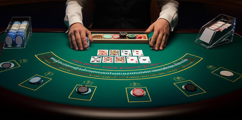 มือผู้เชี่ยวชาญกำลังวางไพ่บาคาร่าบนโต๊ะสีเขียว พร้อมกับแผนภูมิและสัญลักษณ์การวิเคราะห์