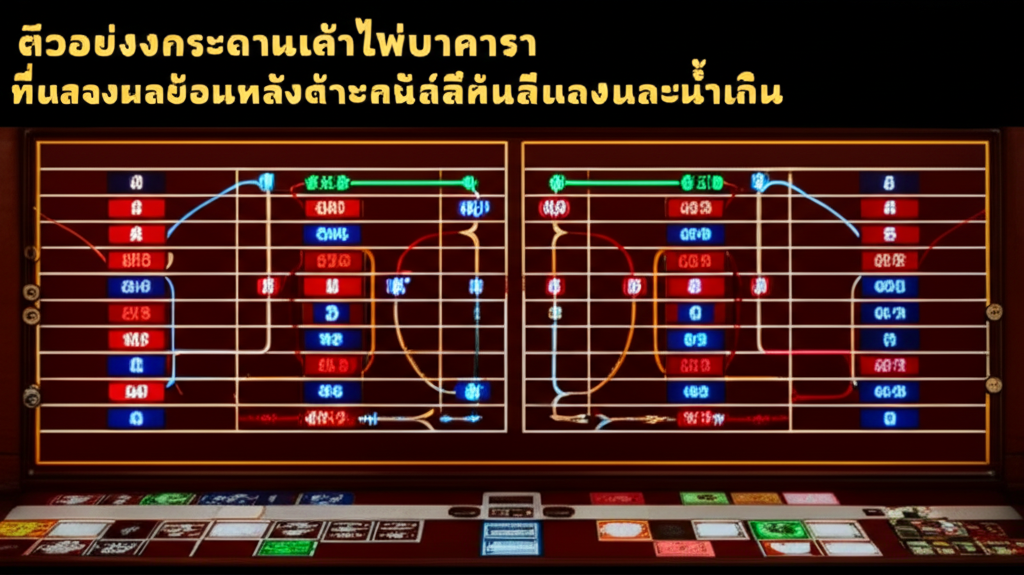 ตัวอย่างกระดานเค้าไพ่บาคาร่าที่แสดงผลย้อนหลังด้วยสัญลักษณ์สีแดงและน้ำเงิน พร้อมเส้นเชื่อมต่อรูปแบบต่างๆ