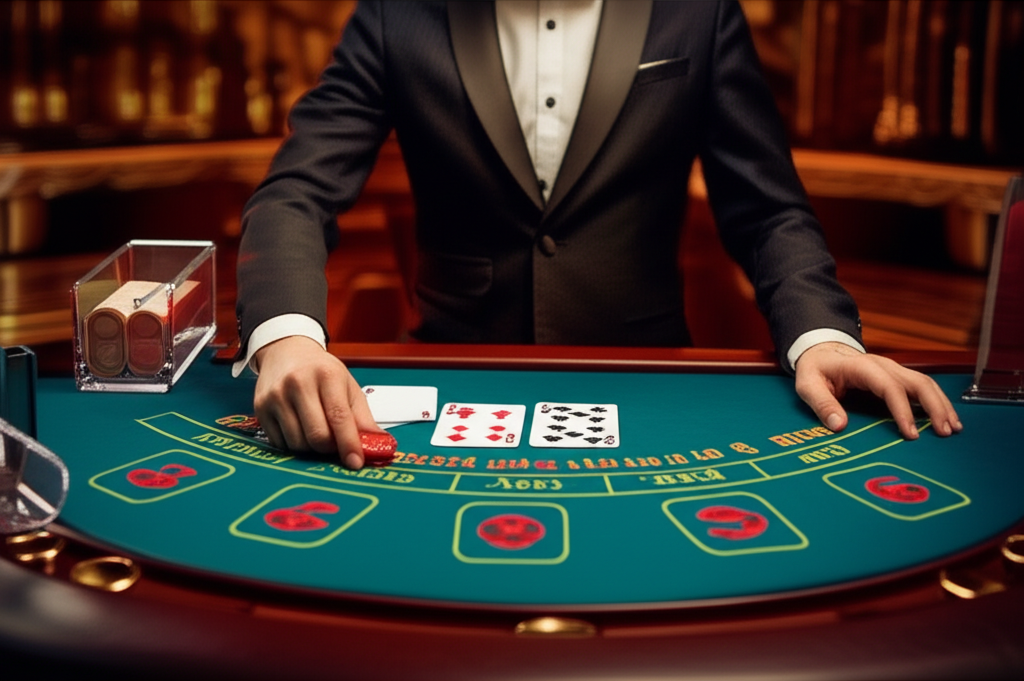 มือผู้เล่นกำลังวางชิปเดิมพันบนโต๊ะบาคาร่า พร้อมมีไพ่เรียงอยู่ด้านหน้า