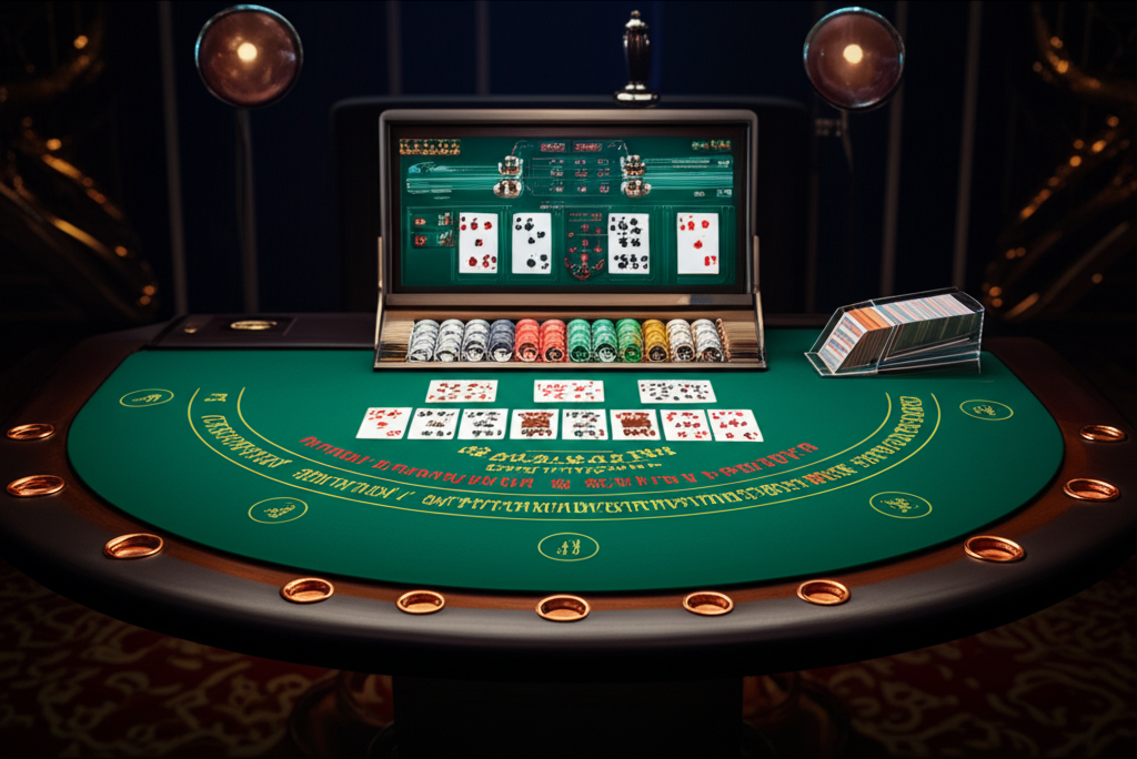 ภาพโต๊ะบาคาร่าที่มีไพ่เรียงกันและเค้าไพ่แสดงบนหน้าจอ