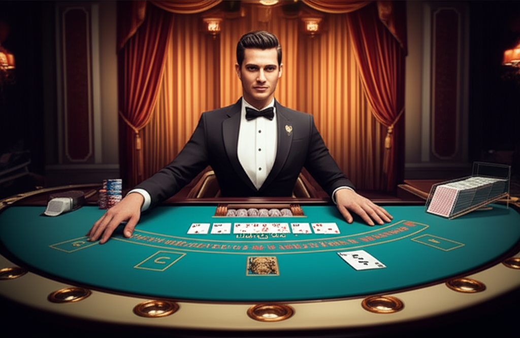 ภาพประกอบธีมเกมบาคาร่าในคาสิโนออนไลน์ แสดงโต๊ะบาคาร่าและไพ่ที่กำลังแจก