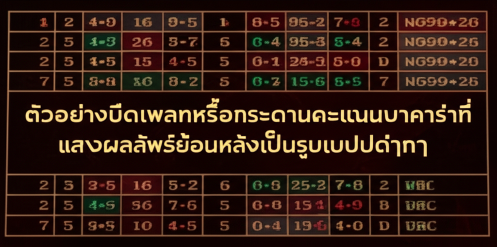ตัวอย่างบีดเพลทหรือกระดานคะแนนบาคาร่าที่แสดงผลลัพธ์ย้อนหลังเป็นรูปแบบต่างๆ