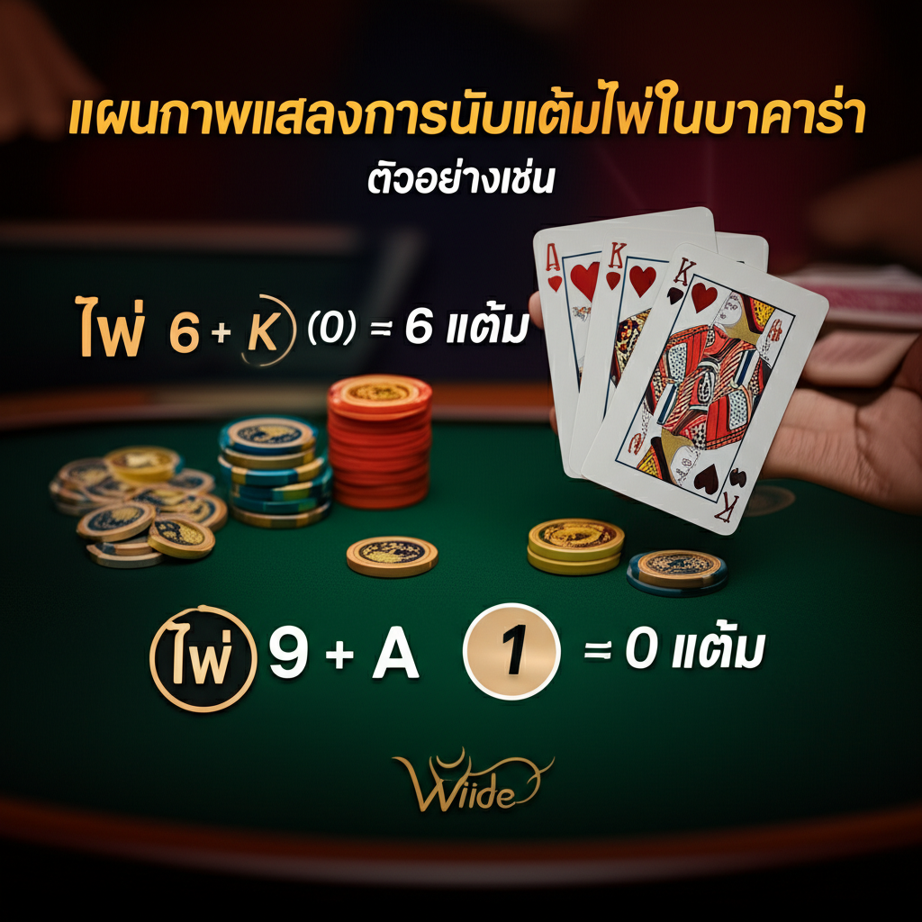 แผนภาพแสดงการนับแต้มไพ่ในบาคาร่า ตัวอย่างเช่น ไพ่ 6 + K (0) = 6 แต้ม, ไพ่ 9 + A (1) = 0 แต้ม