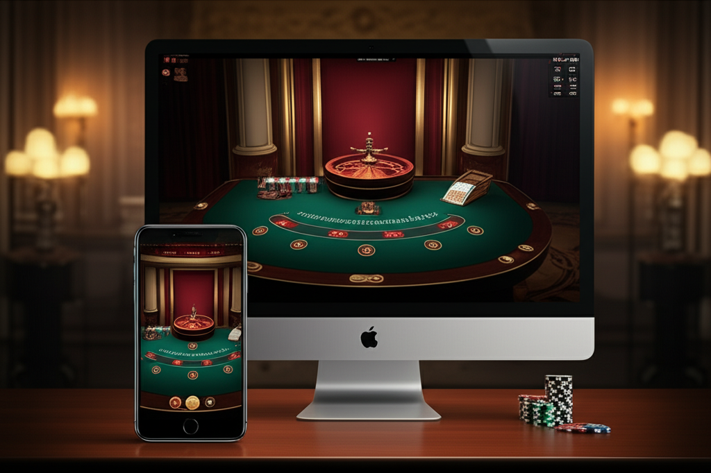 ภาพประกอบเกมบาคาร่าออนไลน์บนหน้าจอมือถือและคอมพิวเตอร์ แสดงโต๊ะบาคาร่าเสมือนจริง
