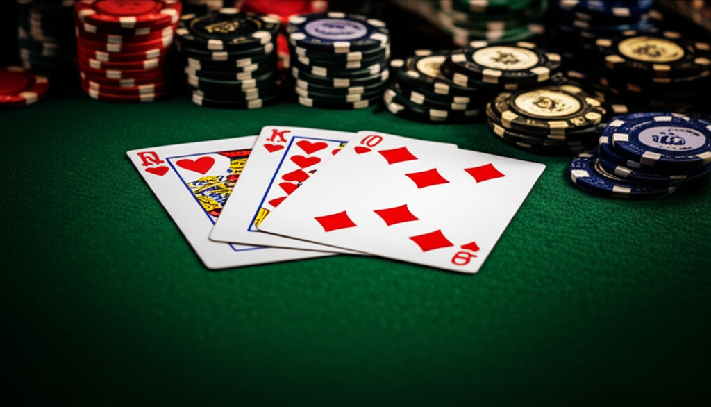 ภาพประกอบธีมบาคาร่าแสดงไพ่บนโต๊ะสีเขียว พร้อมชิปเดิมพัน