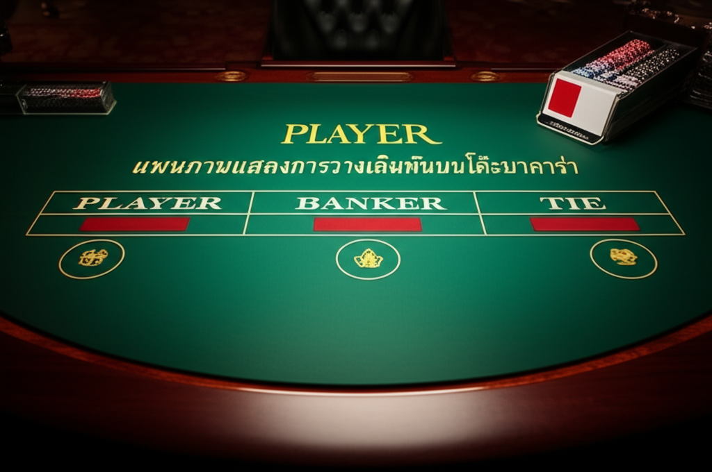 แผนภาพแสดงการวางเดิมพันบนโต๊ะบาคาร่า ได้แก่ Player, Banker, Tie