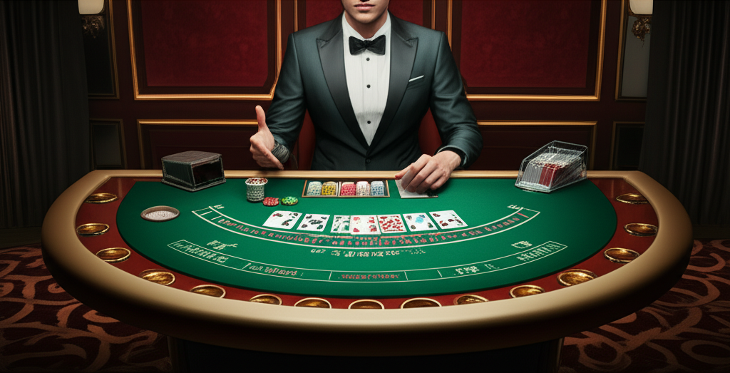 ภาพประกอบเกมบาคาร่าในคาสิโนออนไลน์ที่แสดงโต๊ะบาคาร่าและไพ่