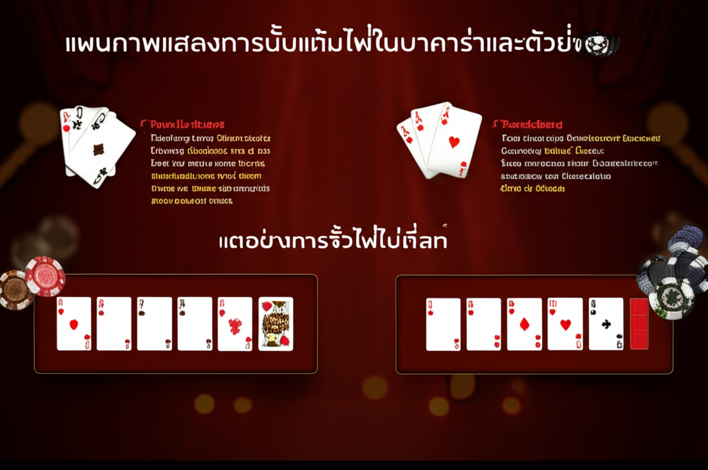 แผนภาพแสดงการนับแต้มไพ่ในบาคาร่าและตัวอย่างการจั่วไพ่ใบที่สาม