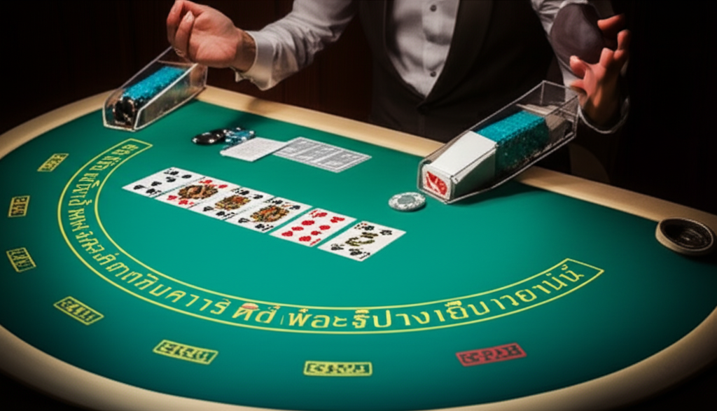 ภาพประกอบโต๊ะบาคาร่าในคาสิโนออนไลน์ พร้อมไพ่และชิปวางเรียงอย่างสวยงาม