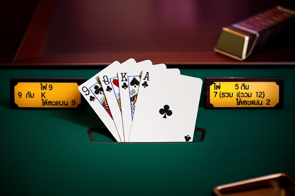 ตัวอย่างการนับคะแนนบาคาร่า: ไพ่ 9 กับ K (0) ได้คะแนน 9, ไพ่ 5 กับ 7 (รวม 12) ได้คะแนน 2
