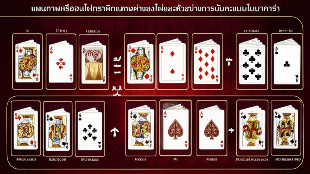 แผนภาพหรืออินโฟกราฟิกแสดงค่าของไพ่และตัวอย่างการนับคะแนนในบาคาร่า