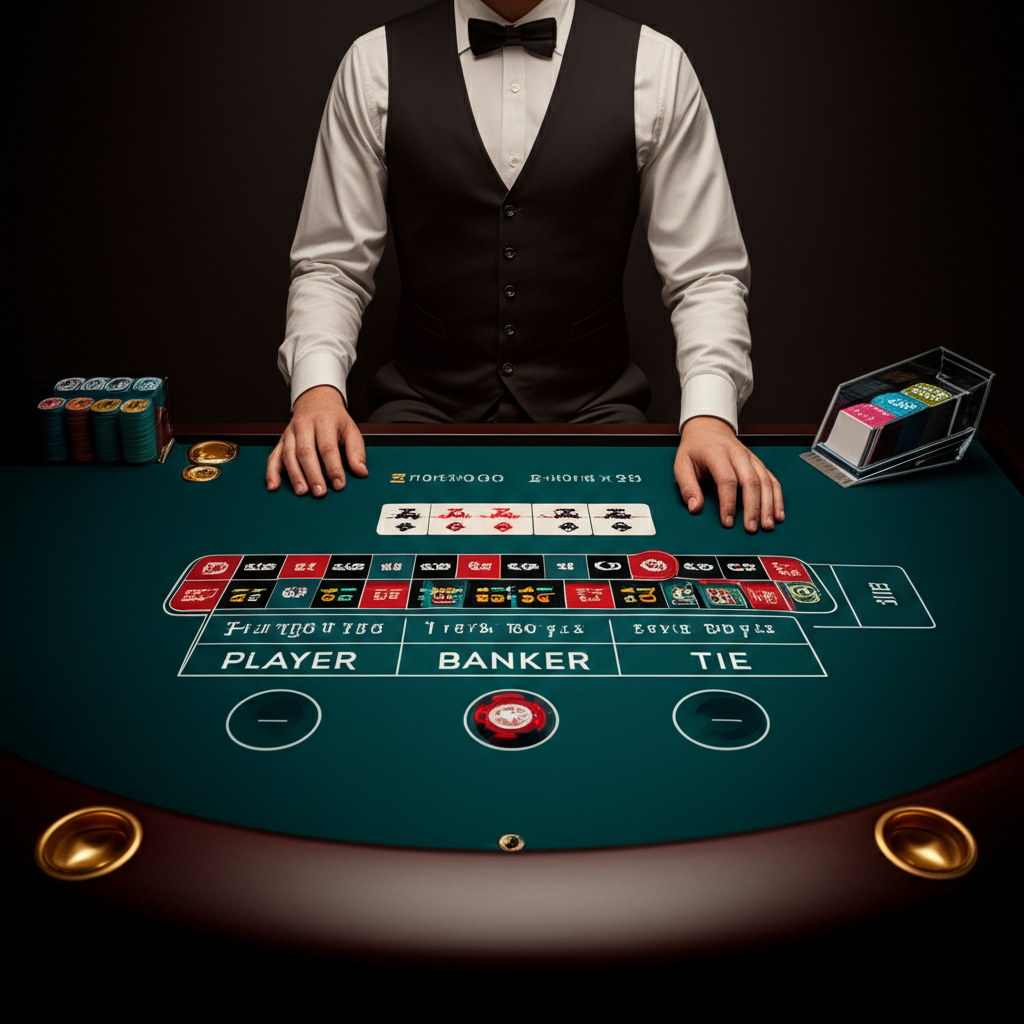 แผนภาพแสดงตำแหน่งการวางเดิมพันบนโต๊ะบาคาร่า: Player, Banker, Tie