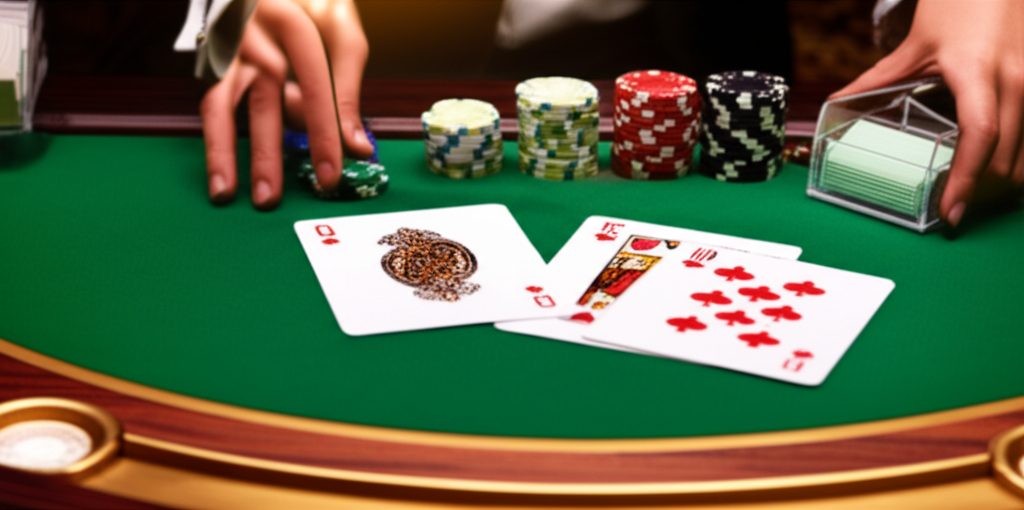 ภาพประกอบธีมบาคาร่าออนไลน์ที่แสดงโต๊ะบาคาร่า ไพ่ และชิปเดิมพันบนหน้าจอคอมพิวเตอร์