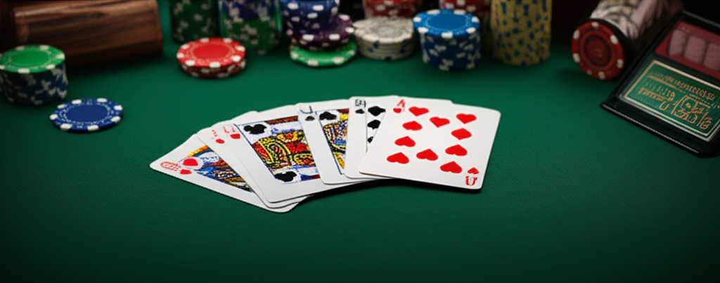 ภาพประกอบธีมบาคาร่าออนไลน์ที่แสดงไพ่บนโต๊ะสีเขียวและอินเทอร์เฟซการเดิมพันที่ทันสมัย