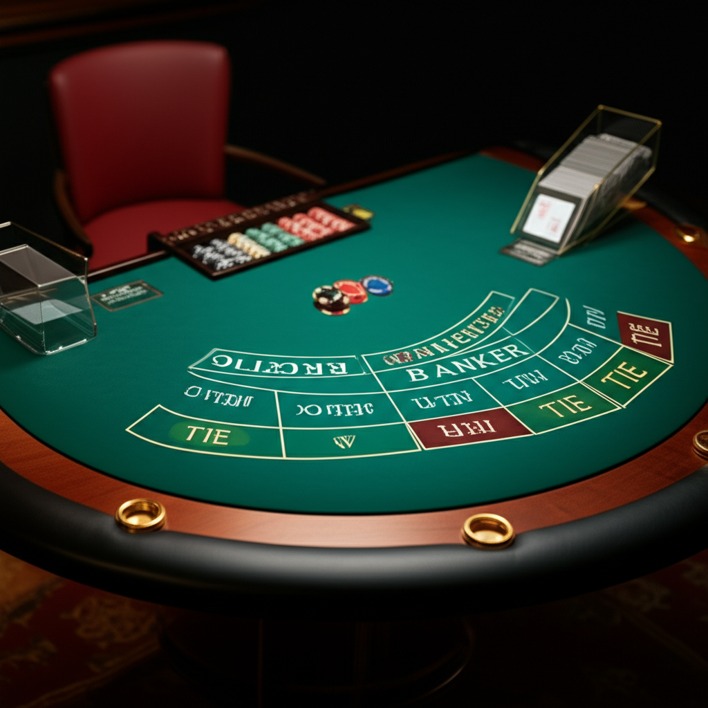 ภาพแสดงตัวอย่างโต๊ะบาคาร่าเสมือนจริง พร้อมพื้นที่เดิมพัน Player, Banker และ Tie