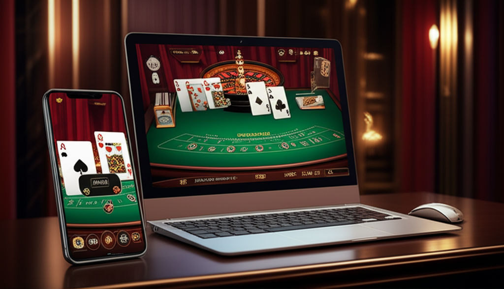 ภาพประกอบเกมบาคาร่าออนไลน์บนหน้าจอมือถือและคอมพิวเตอร์ แสดงโต๊ะบาคาร่าและไพ่