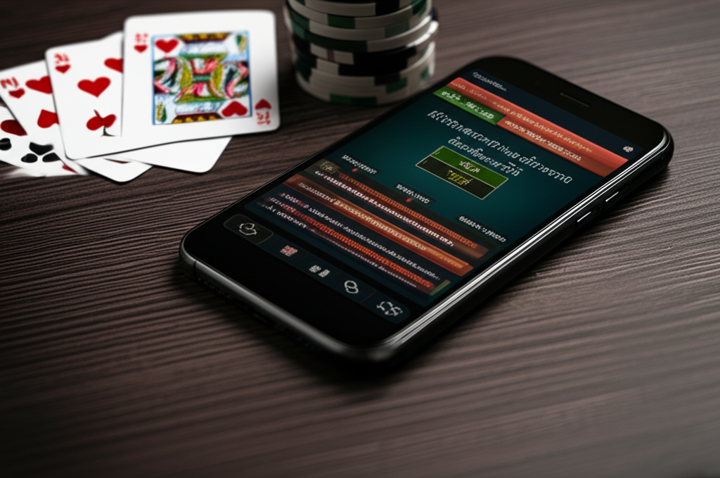 มือใหม่กำลังศึกษากติกาบาคาร่าออนไลน์บนหน้าจอสมาร์ทโฟน พร้อมไพ่และชิปวางอยู่ข้างๆ